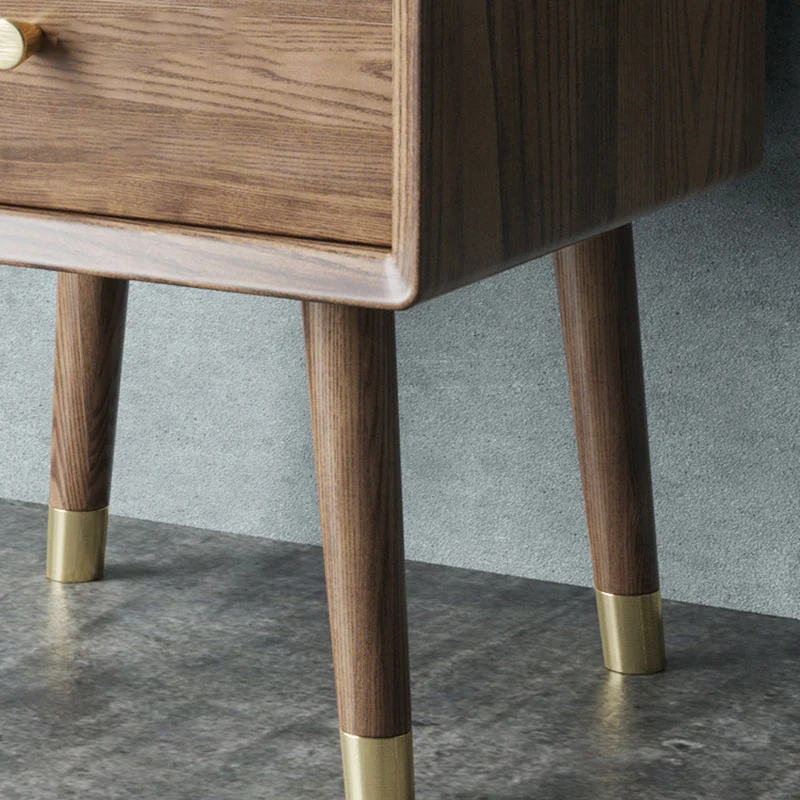 Traditional Vintage Ash Wood & Metal Cylindrical-Square Nightstand With 2 Drawers For Bedroom