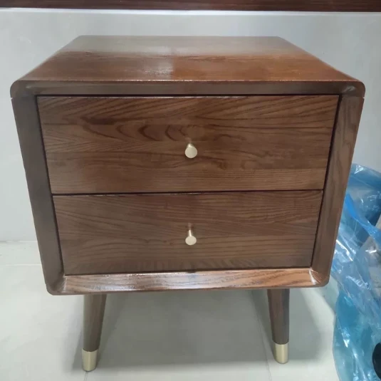Traditional Vintage Ash Wood & Metal Cylindrical-Square Nightstand With 2 Drawers For Bedroom