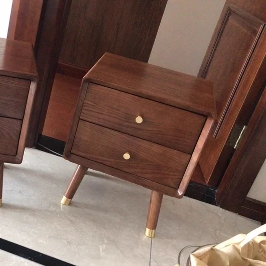 Traditional Vintage Ash Wood & Metal Cylindrical-Square Nightstand With 2 Drawers For Bedroom