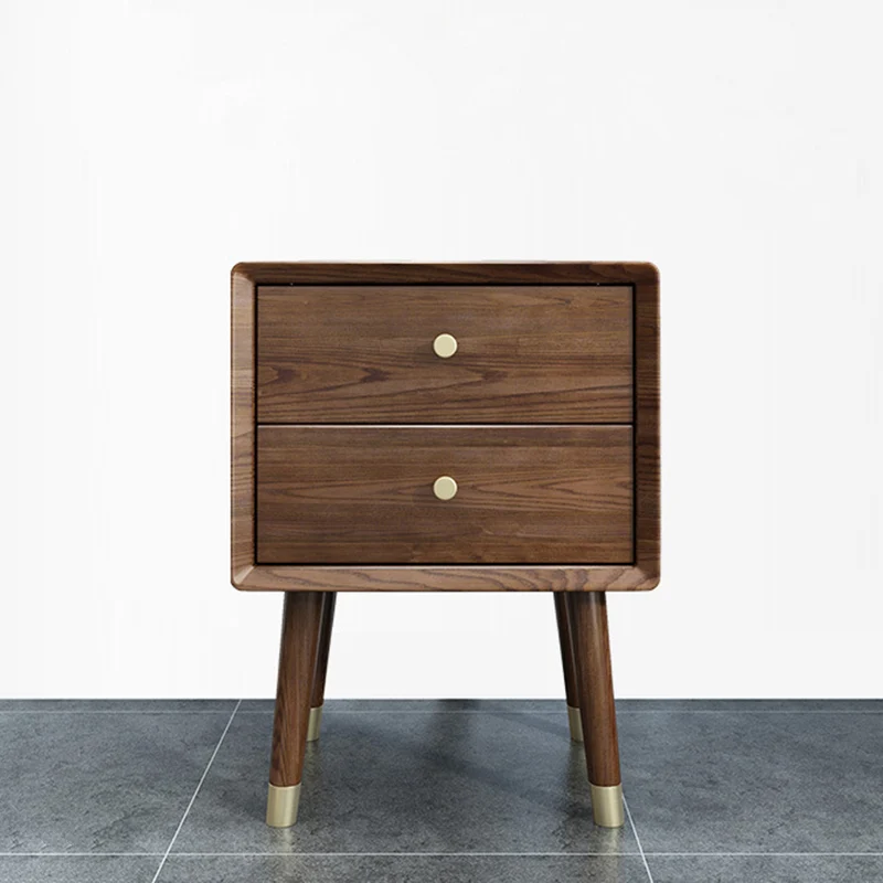 Traditional Vintage Ash Wood & Metal Cylindrical-Square Nightstand With 2 Drawers For Bedroom