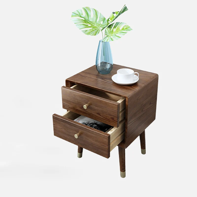Traditional Vintage Ash Wood & Metal Cylindrical-Square Nightstand With 2 Drawers For Bedroom