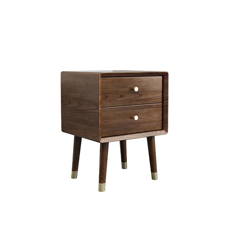 Traditional Vintage Ash Wood & Metal Cylindrical-Square Nightstand With 2 Drawers For Bedroom