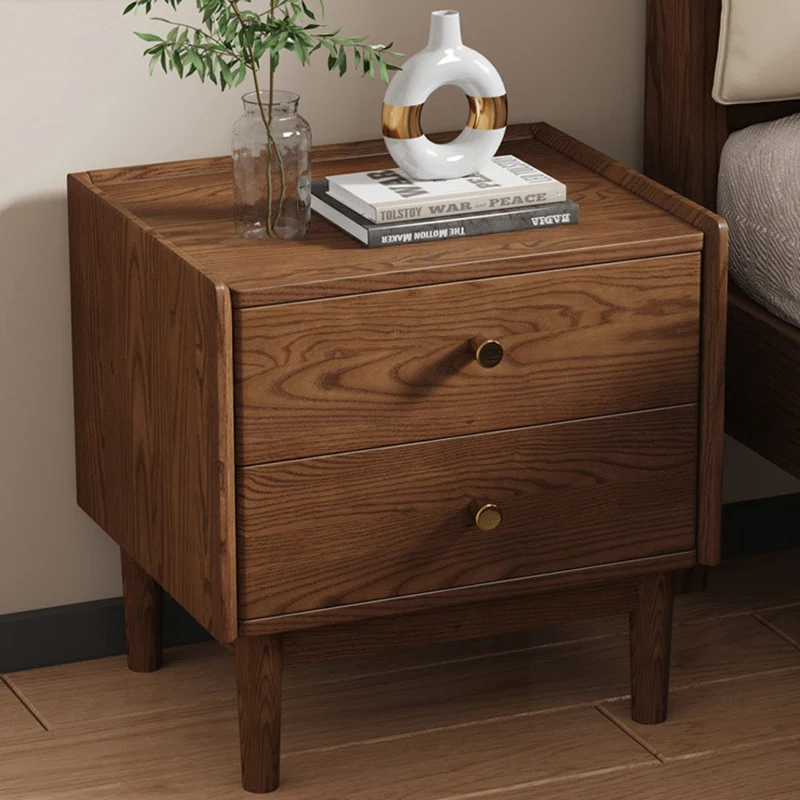 Traditional Chinese Ash Wood Metal Square-Cylinder Nightstand With 2 Drawers For Bedroom