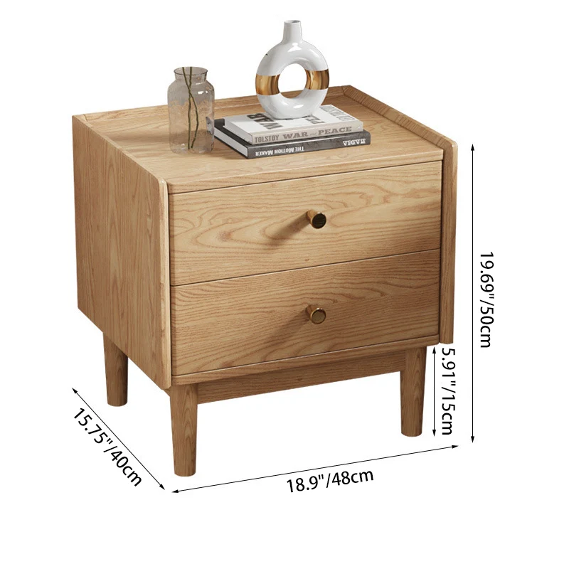 Traditional Chinese Ash Wood Metal Square-Cylinder Nightstand With 2 Drawers For Bedroom