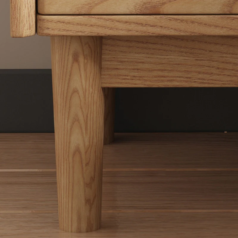Traditional Chinese Ash Wood Metal Square-Cylinder Nightstand With 2 Drawers For Bedroom