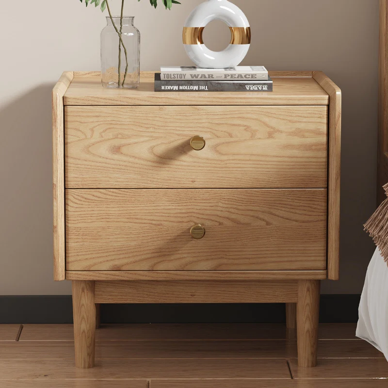Traditional Chinese Ash Wood Metal Square-Cylinder Nightstand With 2 Drawers For Bedroom