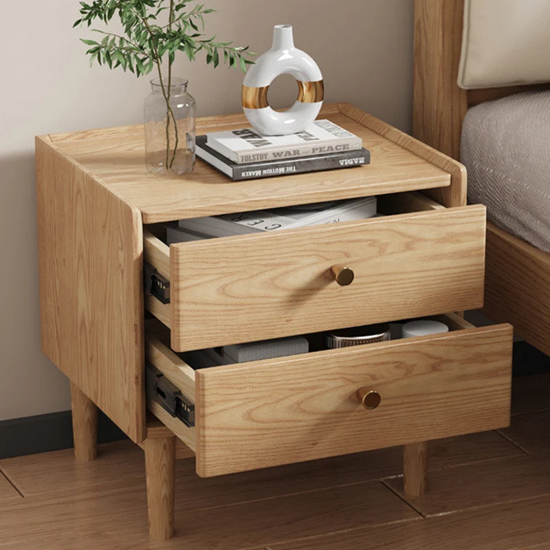 Traditional Chinese Ash Wood Metal Square-Cylinder Nightstand With 2 Drawers For Bedroom