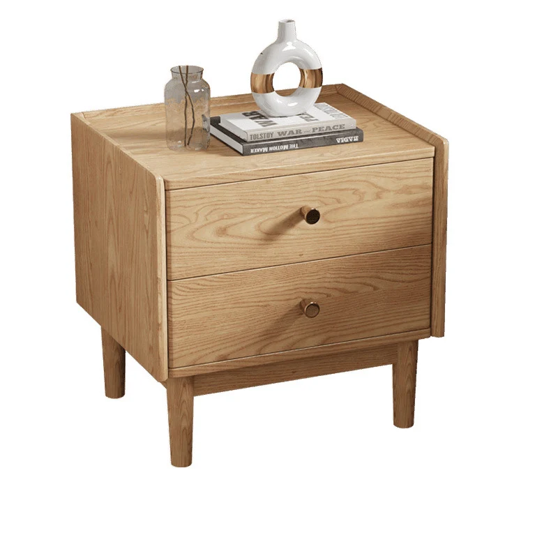 Traditional Chinese Ash Wood Metal Square-Cylinder Nightstand With 2 Drawers For Bedroom