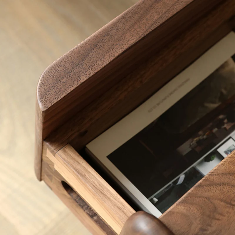 Traditional Japanese Black Walnut Wood Square Cylinder Nightstand With 2 Drawers For Bedroom