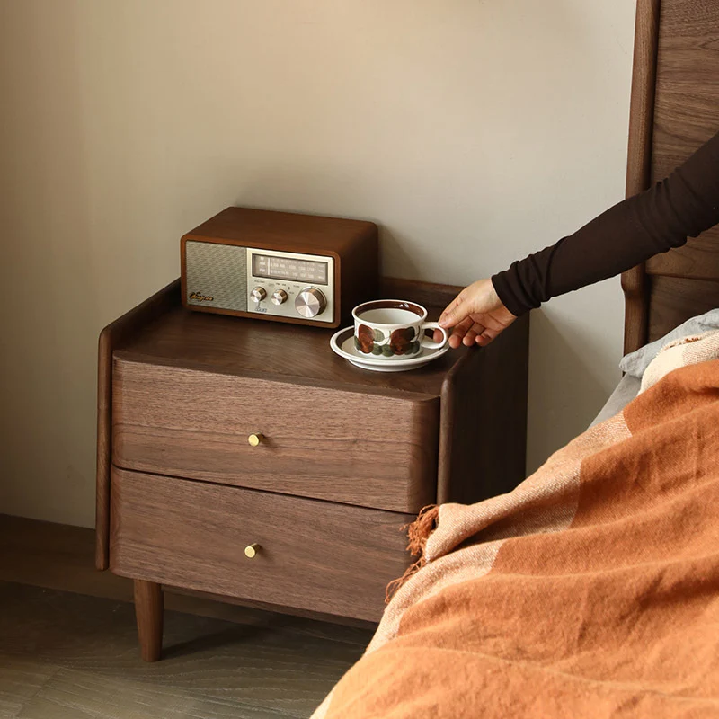 Traditional Japanese Black Walnut Wood Square Cylinder Nightstand With 2 Drawers For Bedroom