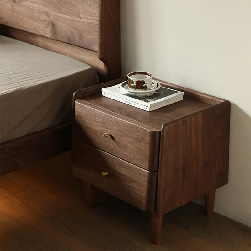 Traditional Japanese Black Walnut Wood Square Cylinder Nightstand With 2 Drawers For Bedroom