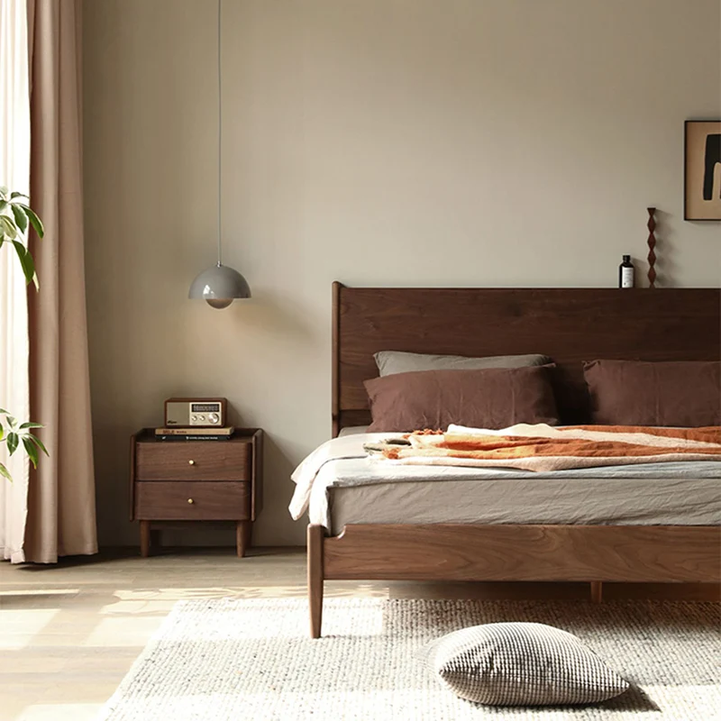 Traditional Japanese Black Walnut Wood Square Cylinder Nightstand With 2 Drawers For Bedroom