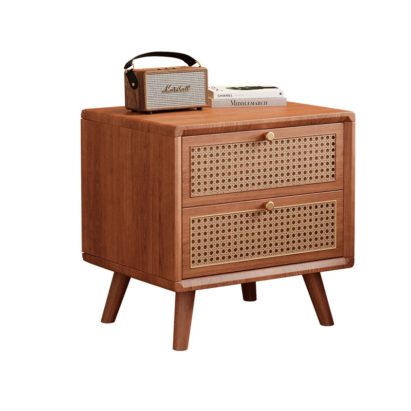 Traditional Chinese Rubberwood Metal Rounded-Square Nightstand With 2 Drawers For Bedroom