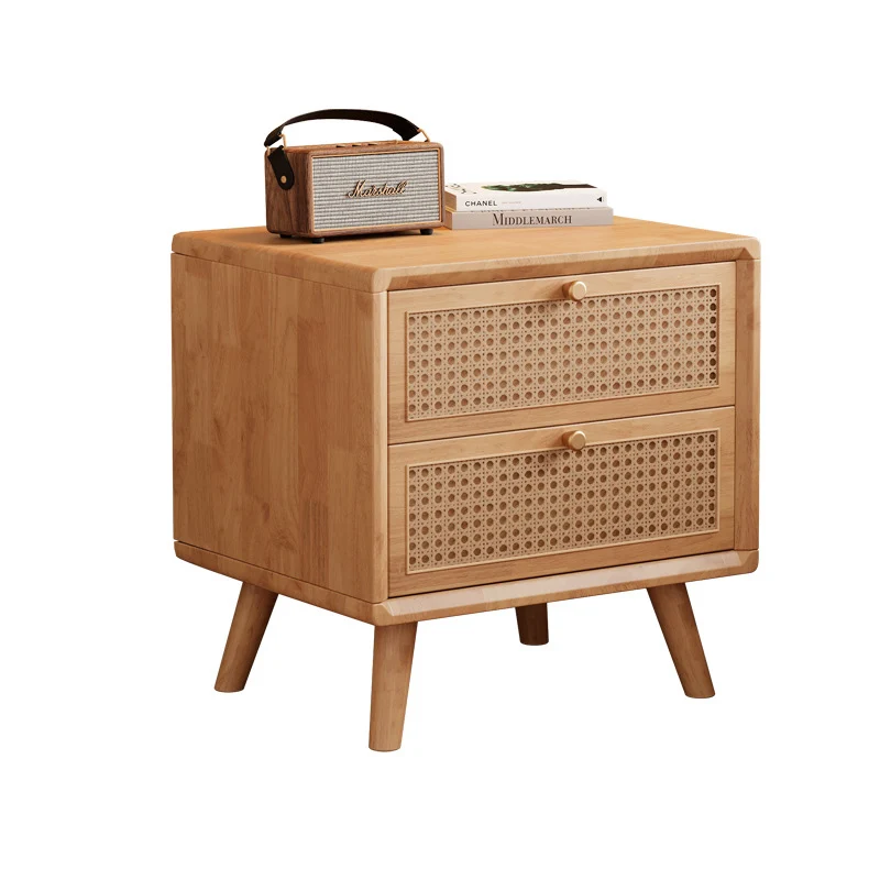 Traditional Chinese Rubberwood Metal Rounded-Square Nightstand With 2 Drawers For Bedroom