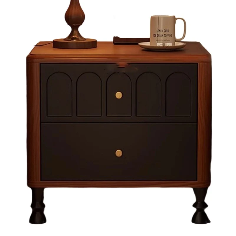 Traditional French Rubberwood Metal Textured Rounded Square Nightstand With 2 Drawers For Bedroom