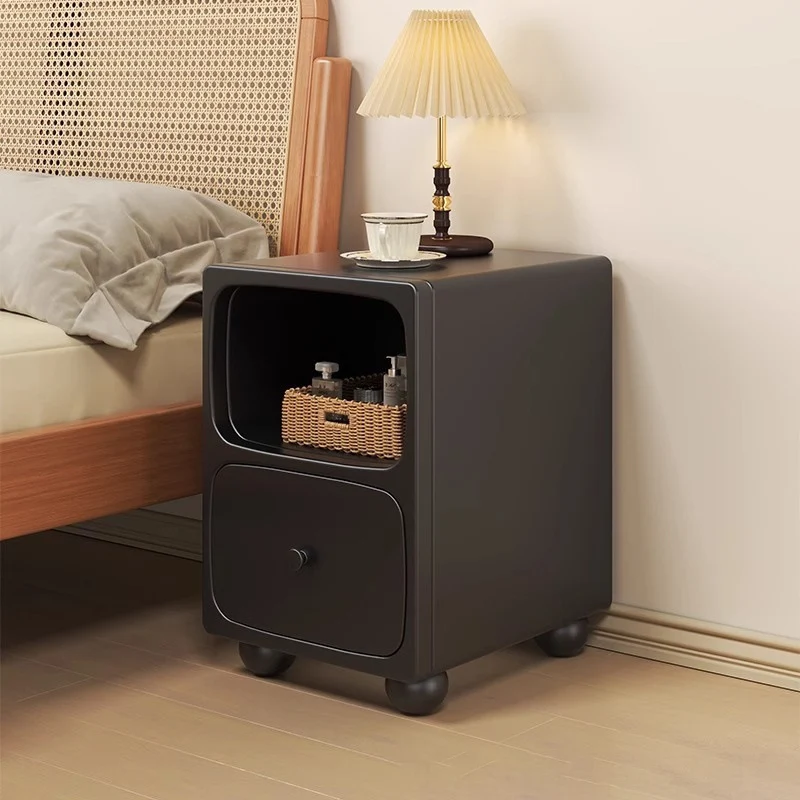 Traditional Vintage Solid Wood & Metal Rectangular Curved Nightstand With 1 Drawer For Bedroom