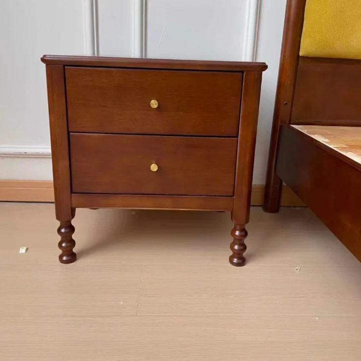Traditional Chinese Rubberwood Metal Roman Column Square Nightstand With 2 Drawers For Bedroom