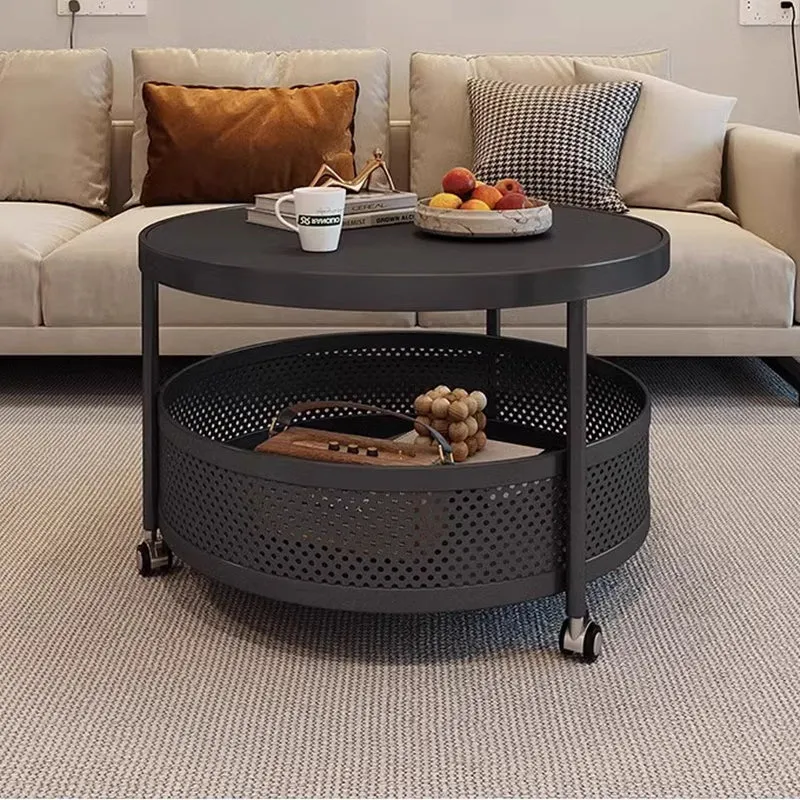 Contemporary Scandinavian Metal Slab Movable Round Side Table With 2 Tiers For Living Room