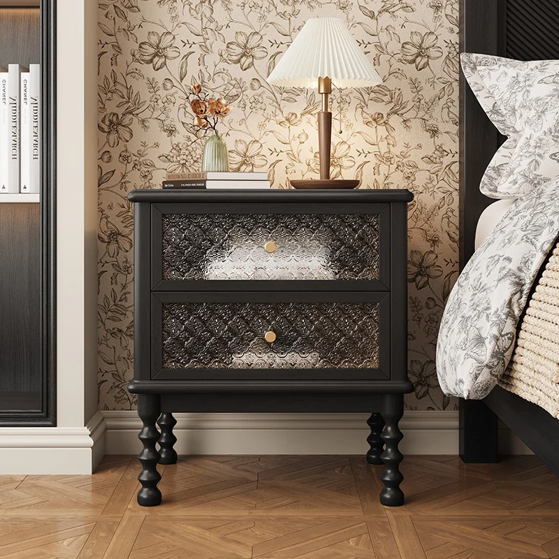 Traditional Vintage Solid Wood Glass Metal Patterned Square Nightstand With 2 Drawers For Bedroom