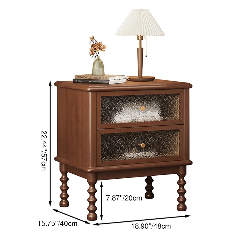 Traditional Vintage Solid Wood Glass Metal Patterned Square Nightstand With 2 Drawers For Bedroom