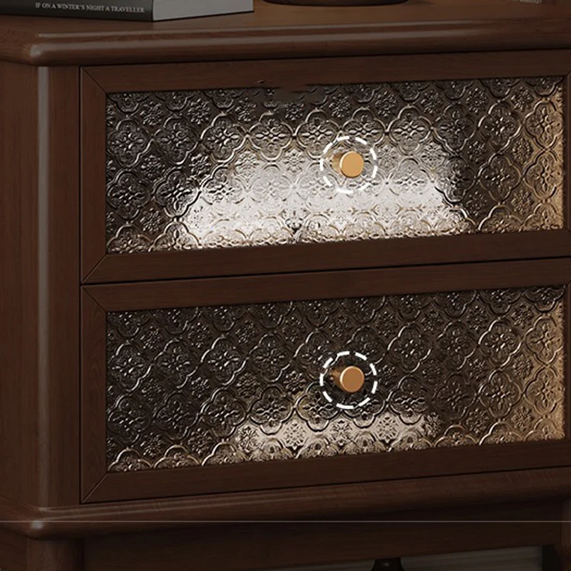 Traditional Vintage Solid Wood Glass Metal Patterned Square Nightstand With 2 Drawers For Bedroom
