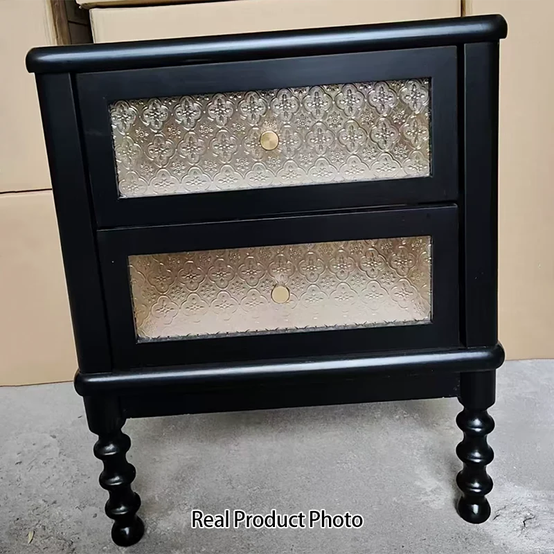 Traditional Vintage Solid Wood Glass Metal Patterned Square Nightstand With 2 Drawers For Bedroom