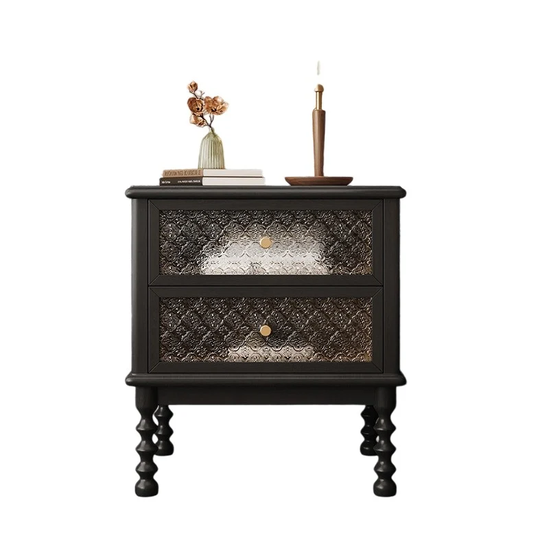Traditional Vintage Solid Wood Glass Metal Patterned Square Nightstand With 2 Drawers For Bedroom