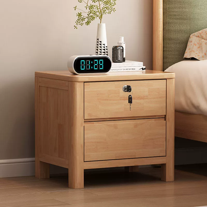 Contemporary Nordic Square Rectangular Pine Wood Rubberwood Plywood Lockable Nightstand 2-Drawer For Bedroom