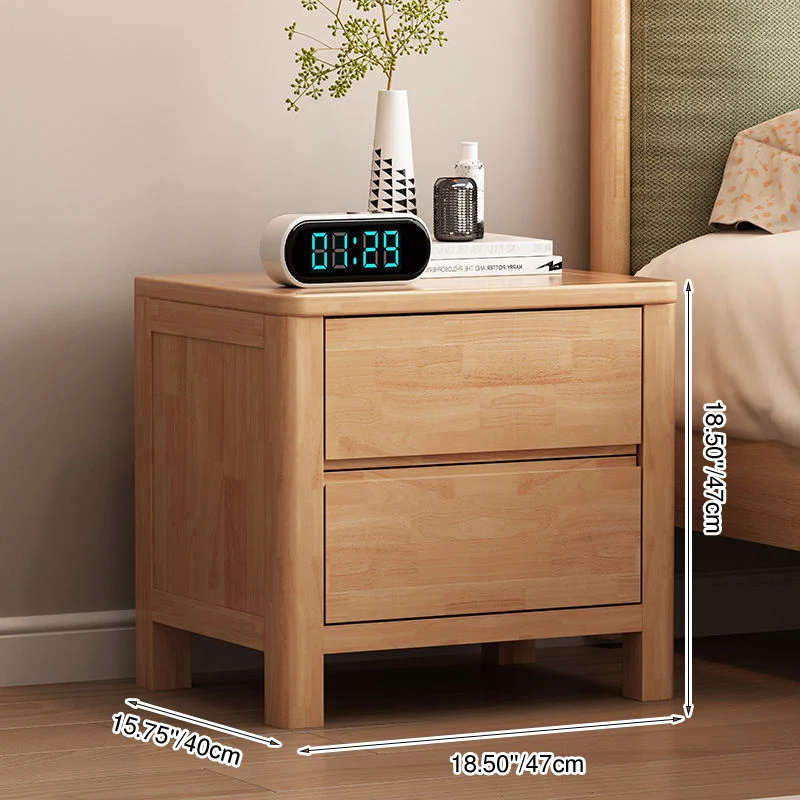 Contemporary Nordic Square Rectangular Pine Wood Rubberwood Plywood Lockable Nightstand 2-Drawer For Bedroom