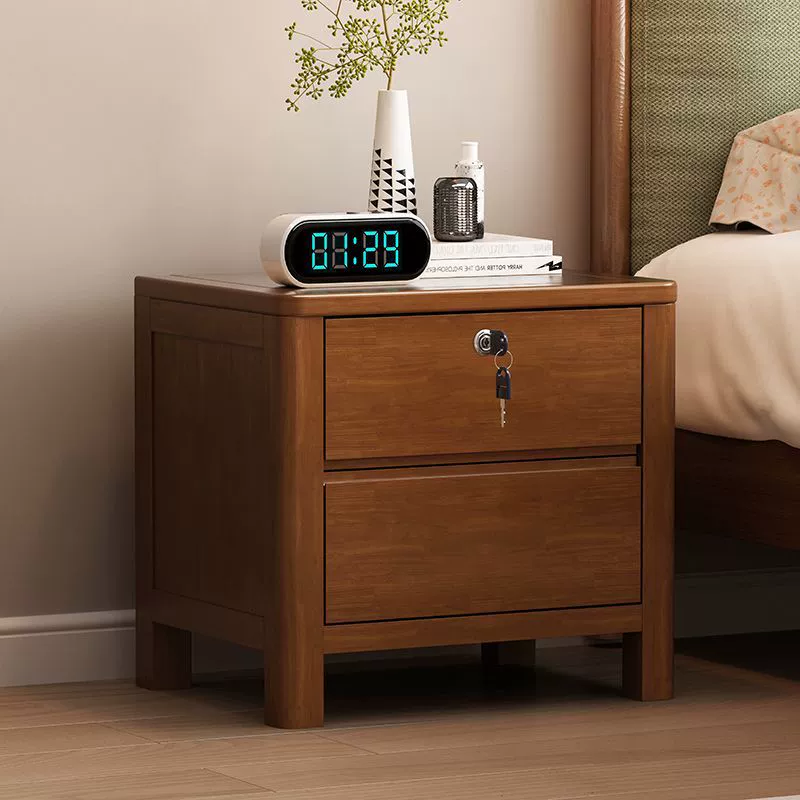 Contemporary Nordic Square Rectangular Pine Wood Rubberwood Plywood Lockable Nightstand 2-Drawer For Bedroom
