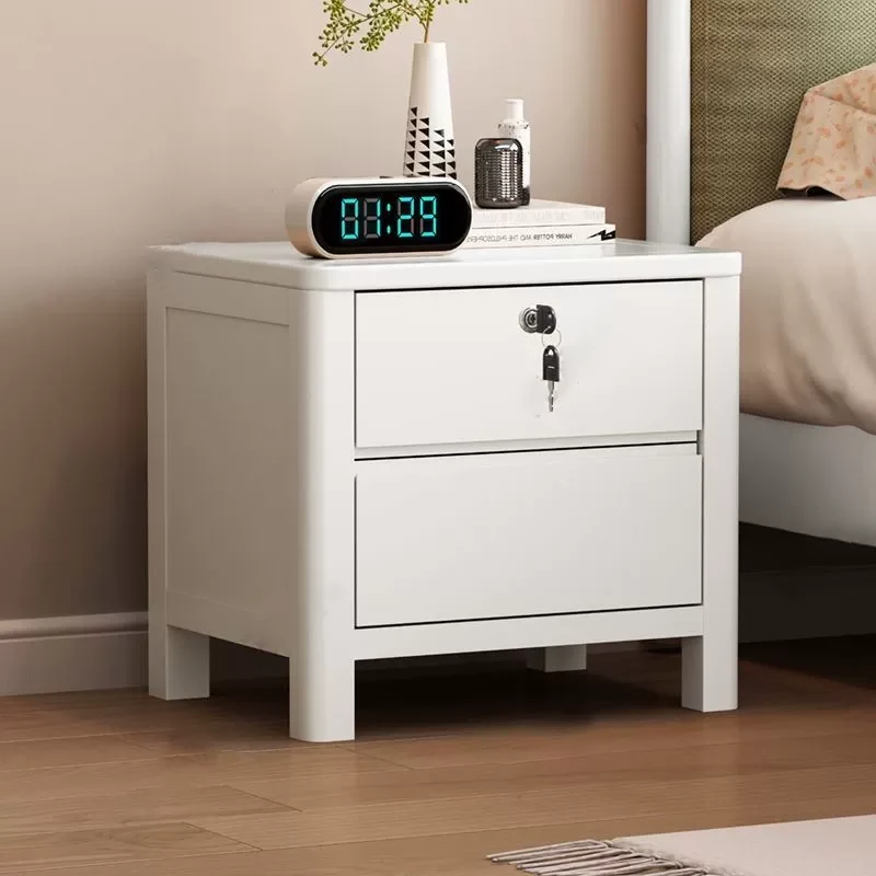 Contemporary Nordic Square Rectangular Pine Wood Rubberwood Plywood Lockable Nightstand 2-Drawer For Bedroom