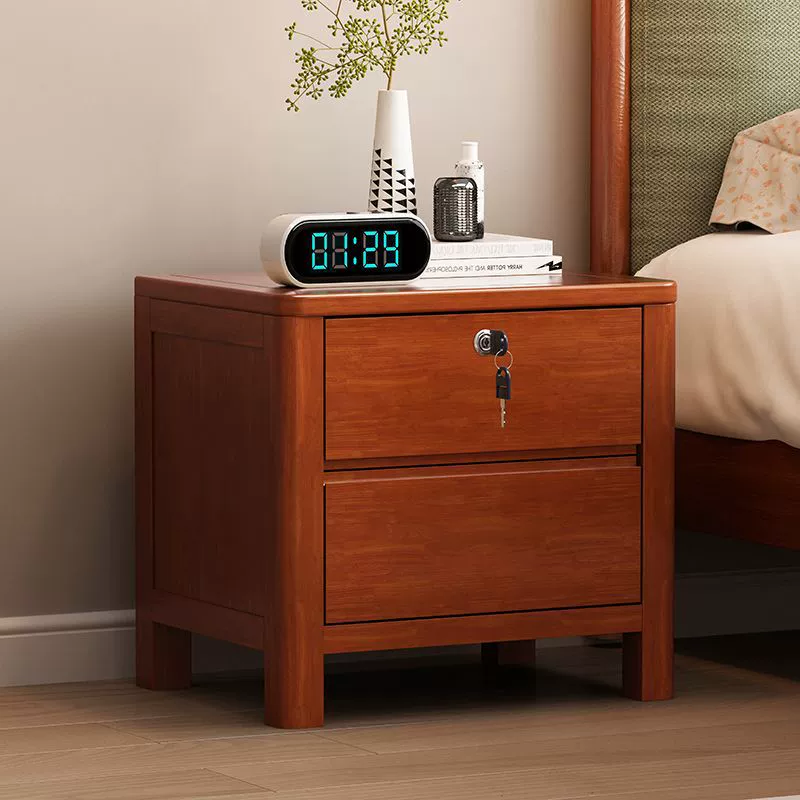 Contemporary Nordic Square Rectangular Pine Wood Rubberwood Plywood Lockable Nightstand 2-Drawer For Bedroom
