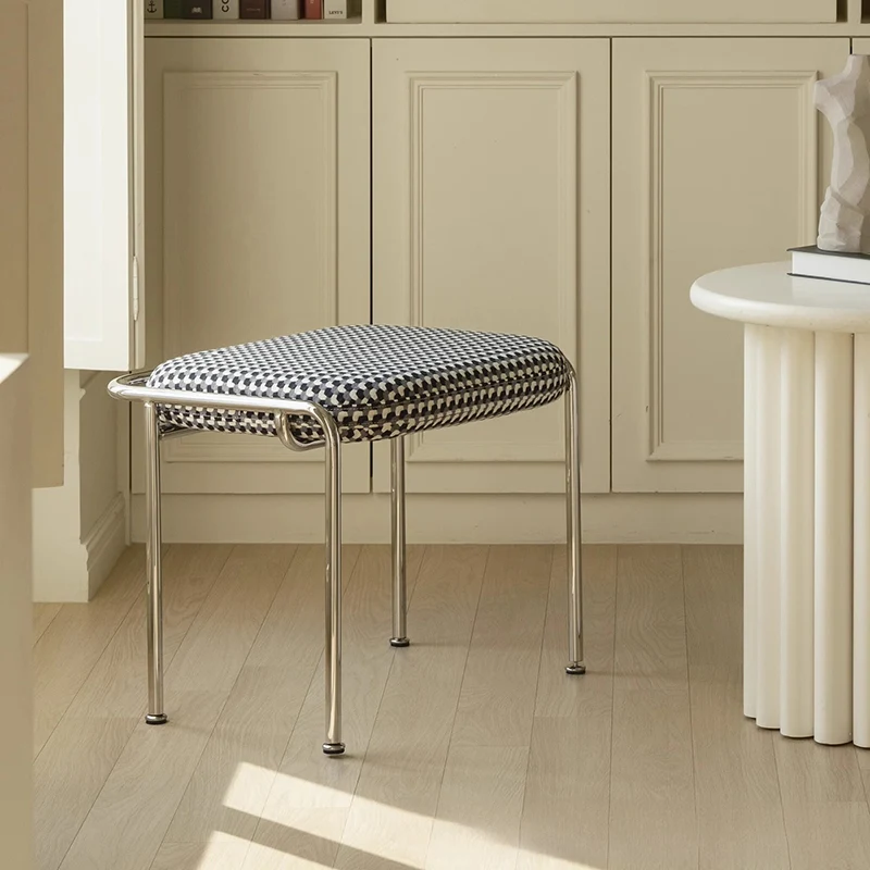 Contemporary Nordic Square Rectangular Velvet Cotton-linen Stainless Steel Solid Wood Plywood Low Stool For Living Room