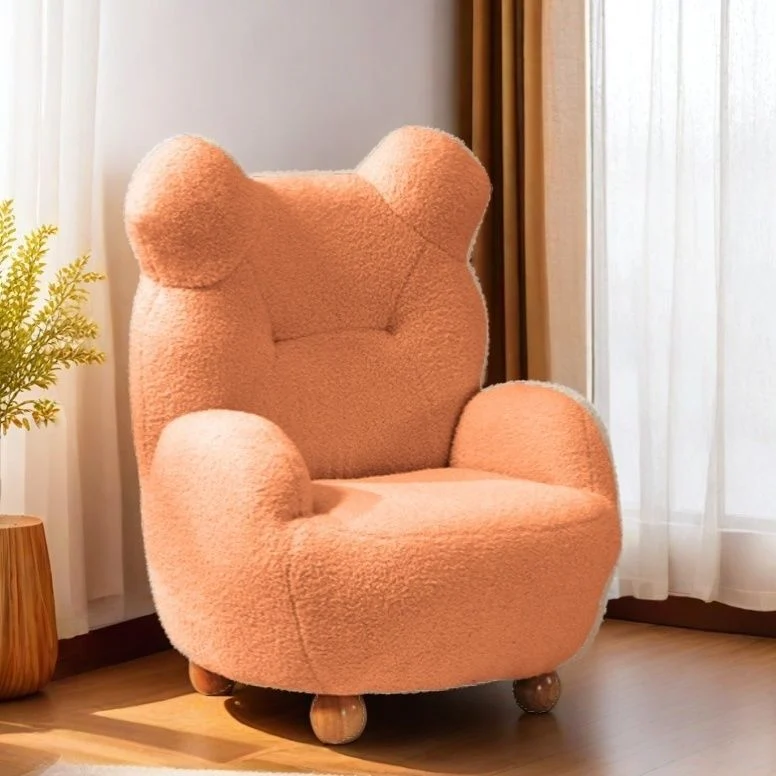 Modern Art Deco Sherpa Fabric Mixed Hardwood Bear-Shaped Accent Chair With Armrests & Backrest For Living Room