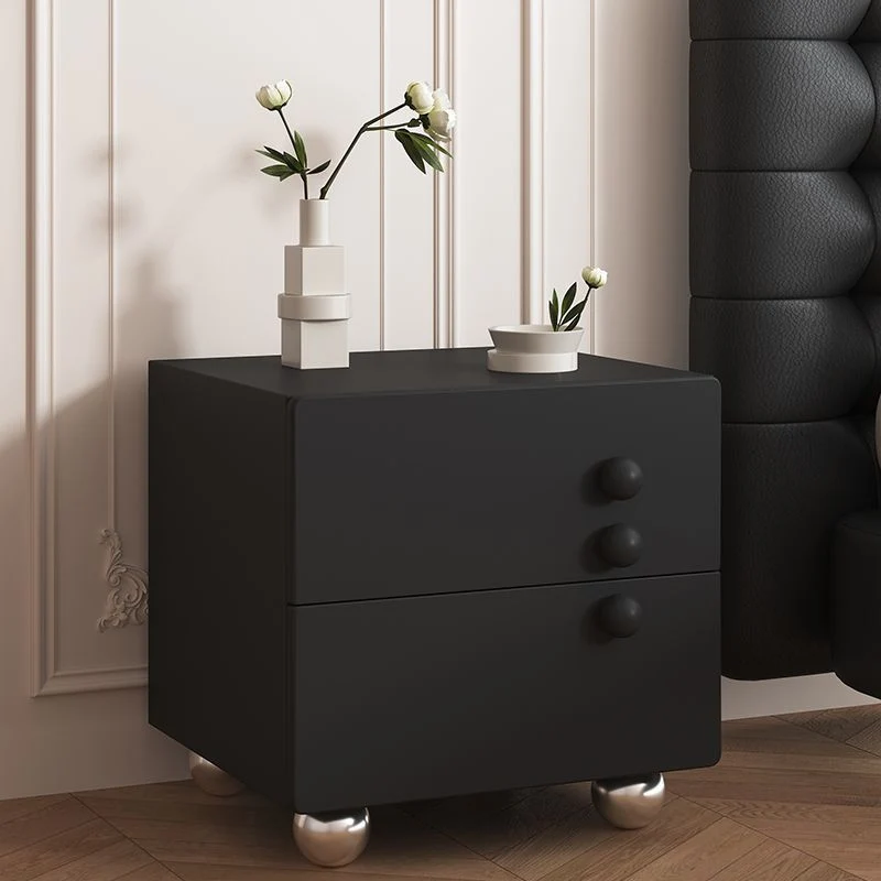 Traditional French Wood Panel Solid Wood Stainless Steel Ball-Shaped Square Nightstand With 2 Drawers For Bedroom