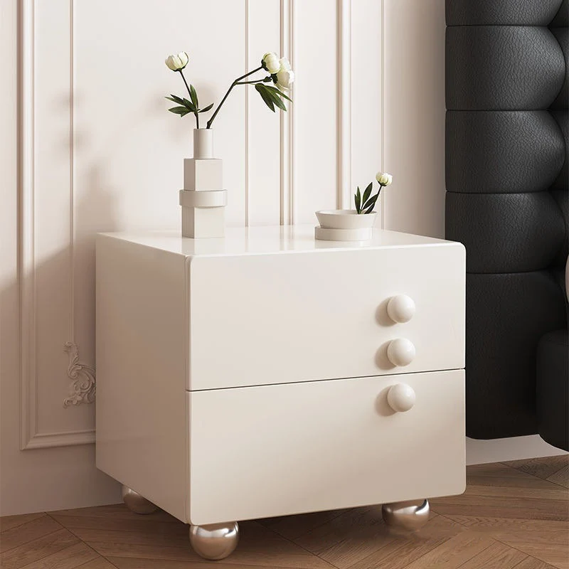 Traditional French Wood Panel Solid Wood Stainless Steel Ball-Shaped Square Nightstand With 2 Drawers For Bedroom