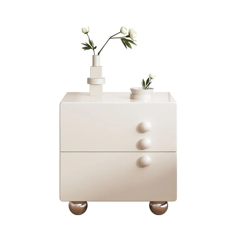 Traditional French Wood Panel Solid Wood Stainless Steel Ball-Shaped Square Nightstand With 2 Drawers For Bedroom