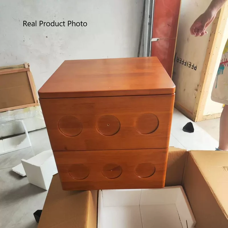 Traditional Vintage Rubberwood Plywood Rounded Square Nightstand With Ball Feet 2-Drawer For Bedroom