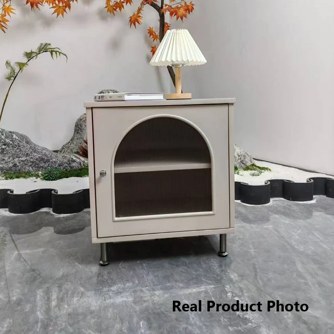 Contemporary Scandinavian Ribbed Glass Door Bedside Table - Semi-Transparent Nightstand For Bedroom