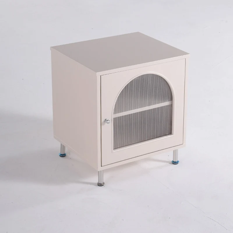 Contemporary Scandinavian Ribbed Glass Door Bedside Table - Semi-Transparent Nightstand For Bedroom