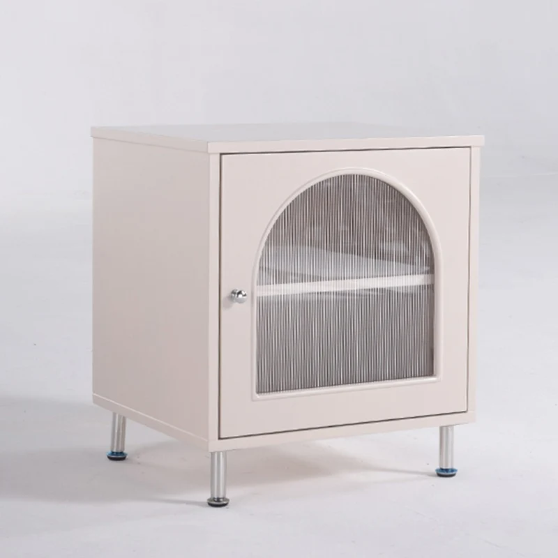 Contemporary Scandinavian Ribbed Glass Door Bedside Table - Semi-Transparent Nightstand For Bedroom