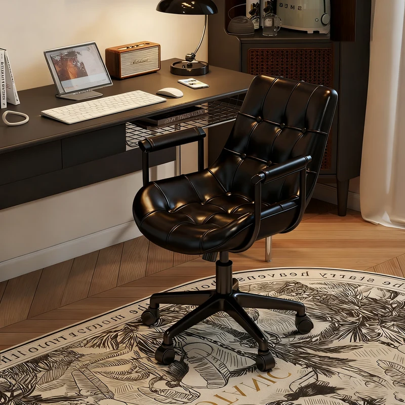Contemporary Retro Square Rectangular Cat Scratch Leather Oil Wax Leather Wooden Board Nylon Steel 360°Swivel Movable Height Adjustable Desk Chair Backrest Armrest For Home Office