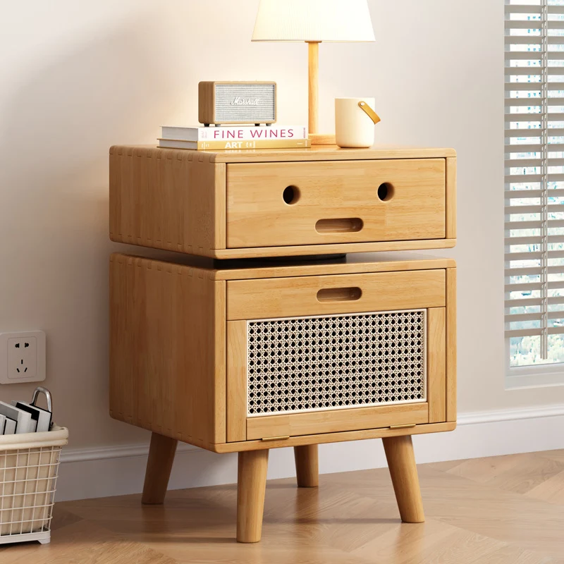 Contemporary Creative Solid Wood Rattan Robot-Shaped Nightstand 2-Drawer For Bedroom