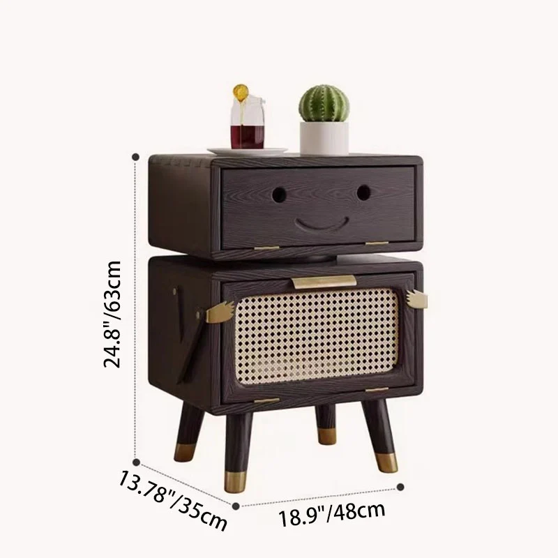 Modern Art Deco Ash Wood Rattan Stainless Steel Robot-Shaped Nightstand 2-Storage For Bedroom