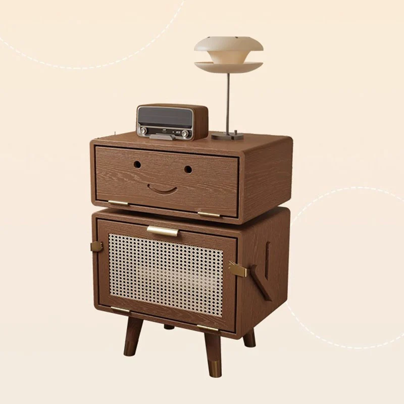 Modern Art Deco Ash Wood Rattan Stainless Steel Robot-Shaped Nightstand 2-Storage For Bedroom