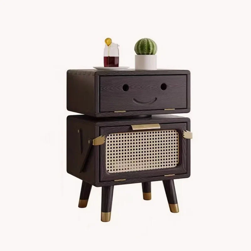 Modern Art Deco Ash Wood Rattan Stainless Steel Robot-Shaped Nightstand 2-Storage For Bedroom
