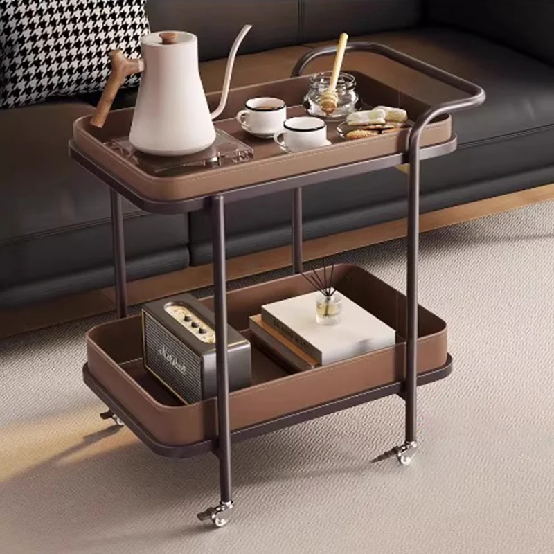 Traditional Vintage Saddle-Style Faux Leather Carbon Steel Metal Rounded Square Side Table With 2-Tier For Living Room