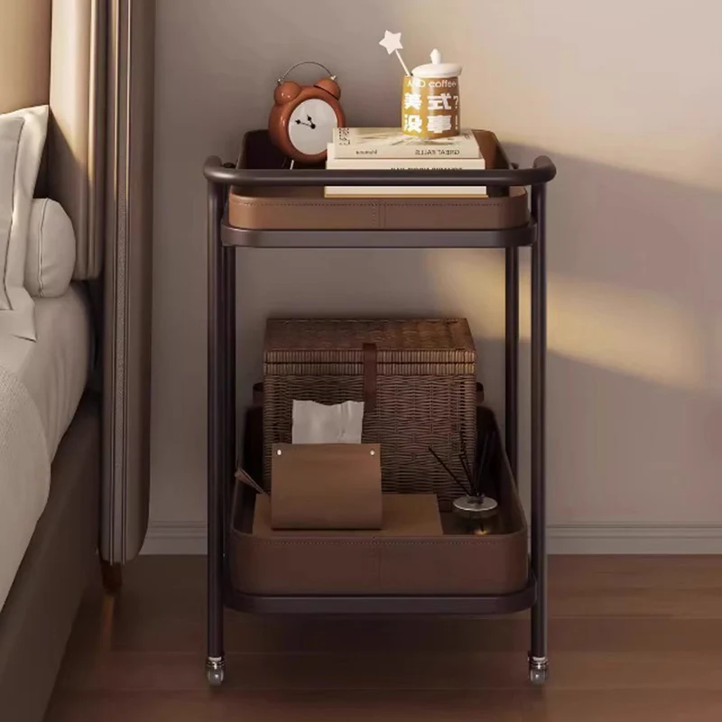 Traditional Vintage Saddle-Style Faux Leather Carbon Steel Metal Rounded Square Side Table With 2-Tier For Living Room