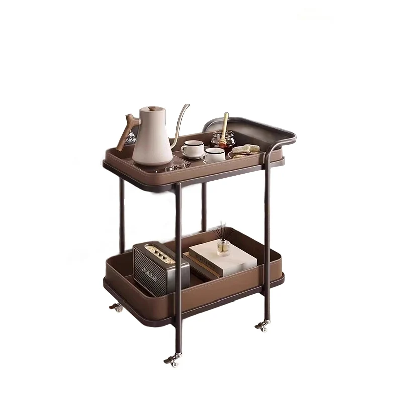 Traditional Vintage Saddle-Style Faux Leather Carbon Steel Metal Rounded Square Side Table With 2-Tier For Living Room