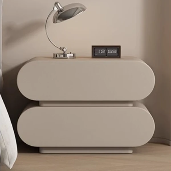 Modern Luxury Cat Scratch Resistant Leather Solid Wood Multilayer Plywood Oval Nightstand With 2-Drawer For Bedroom